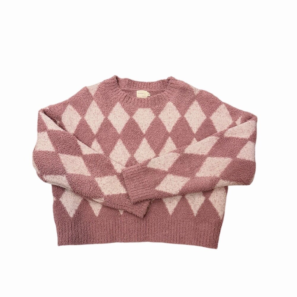 Dreamers by Debut Pink Fuzzy Argyle Cropped Sweater Women’s L Cozy Knit